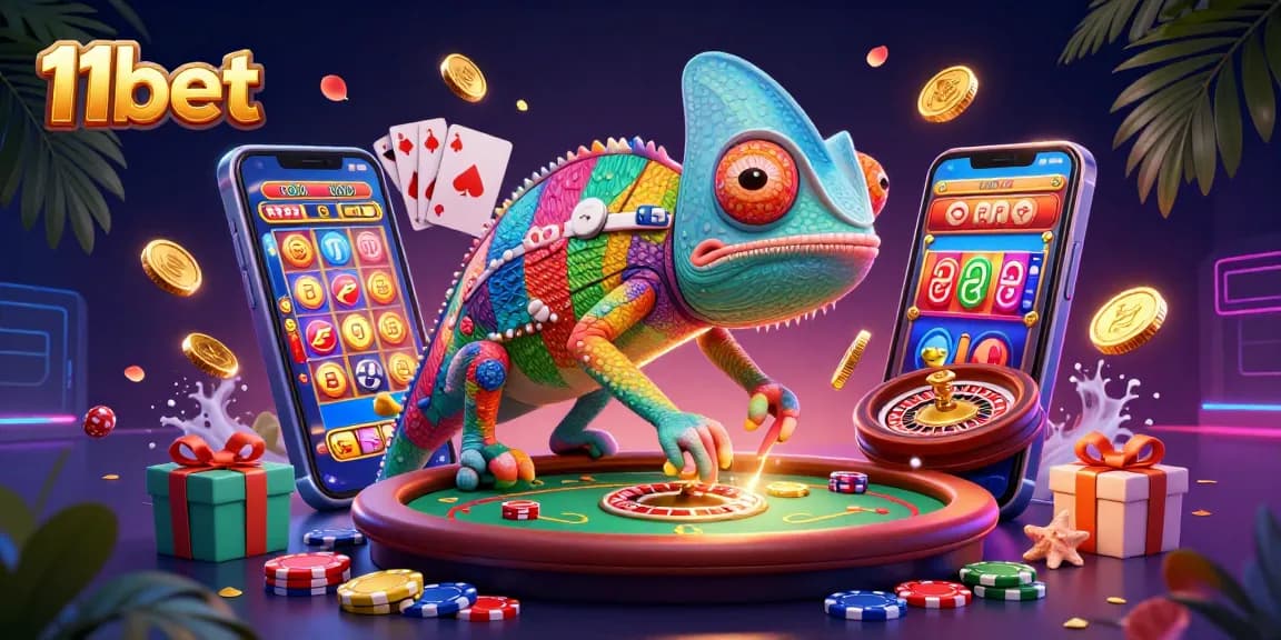 Engage in thrilling casino activities with 11bet's vibrant 3D chameleon illustration.