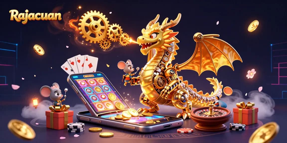 Engage with Rajacuan's vibrant gaming universe featuring a golden dragon amidst slot games and poker action.