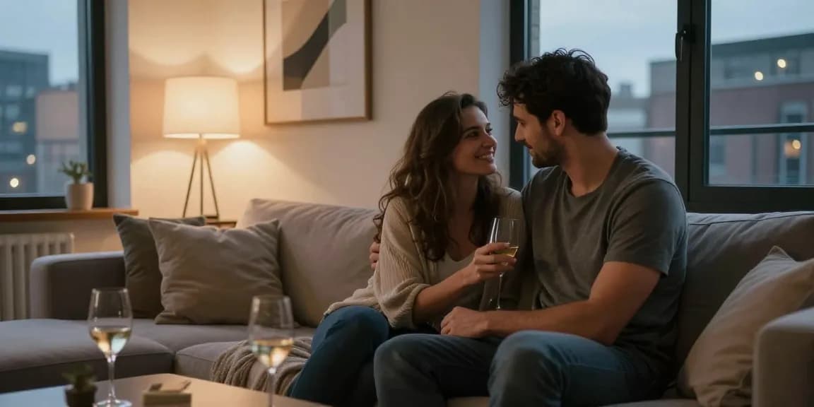Romantic adult scene showcasing سكس زنوج with intimate couple in stylish urban apartment.