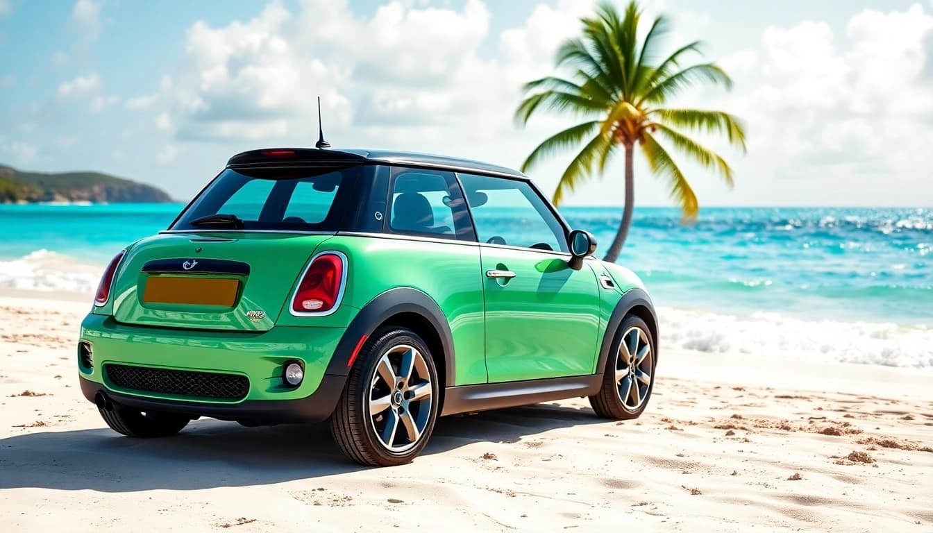 Experience the joy of st barths mini cooper rental with a vibrant car on a tropical beach.