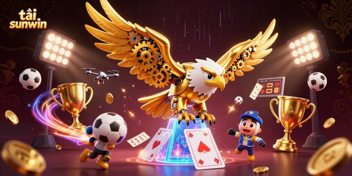 Experience the thrill of tải sunwin with a dynamic 3D rendering of cybernetic eagle and sports elements.