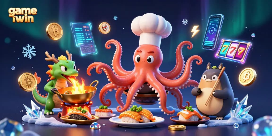 Engage with game iwin featuring a sushi chef octopus, dragon, and tanuki in a vibrant casino setting.