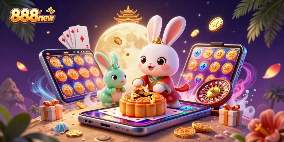 Experience the thrilling slots at 888new, where a moon rabbit reveals poker chips and adventure awaits!