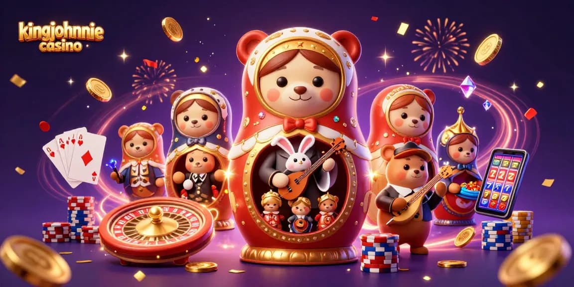 Experience the excitement of kingjohnnie casino with vibrant bears and confetti in this captivating casino scene.