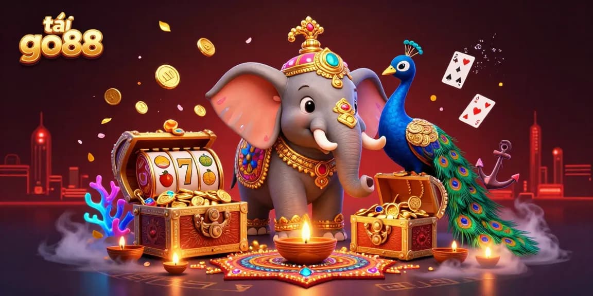 Playing exciting games at tải go88 with vibrant 3D elephant, peacock, and casino elements.