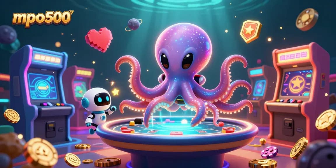 Play dynamic games with mpo500, showcasing an octopus at a holographic table amidst vibrant casino elements.