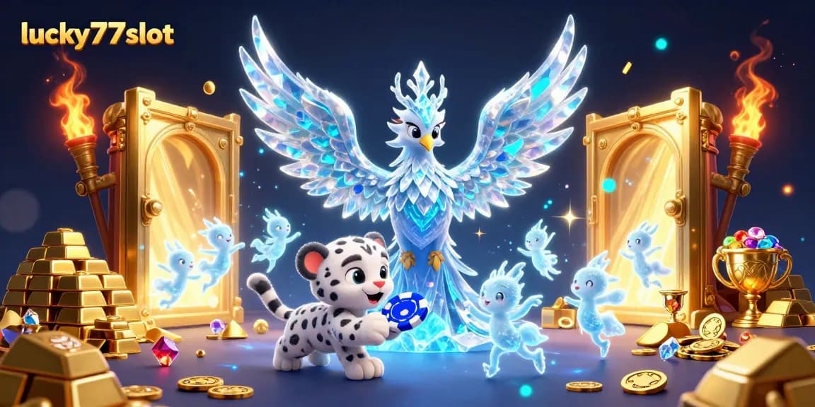 Engage in the magic of lucky77 slot with vibrant 3D illustration of a phoenix and ice sprites.