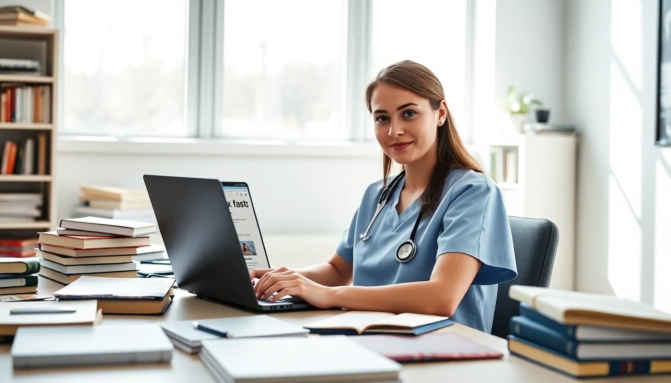 Check Past Nclex fast results on a laptop with study materials in the background.