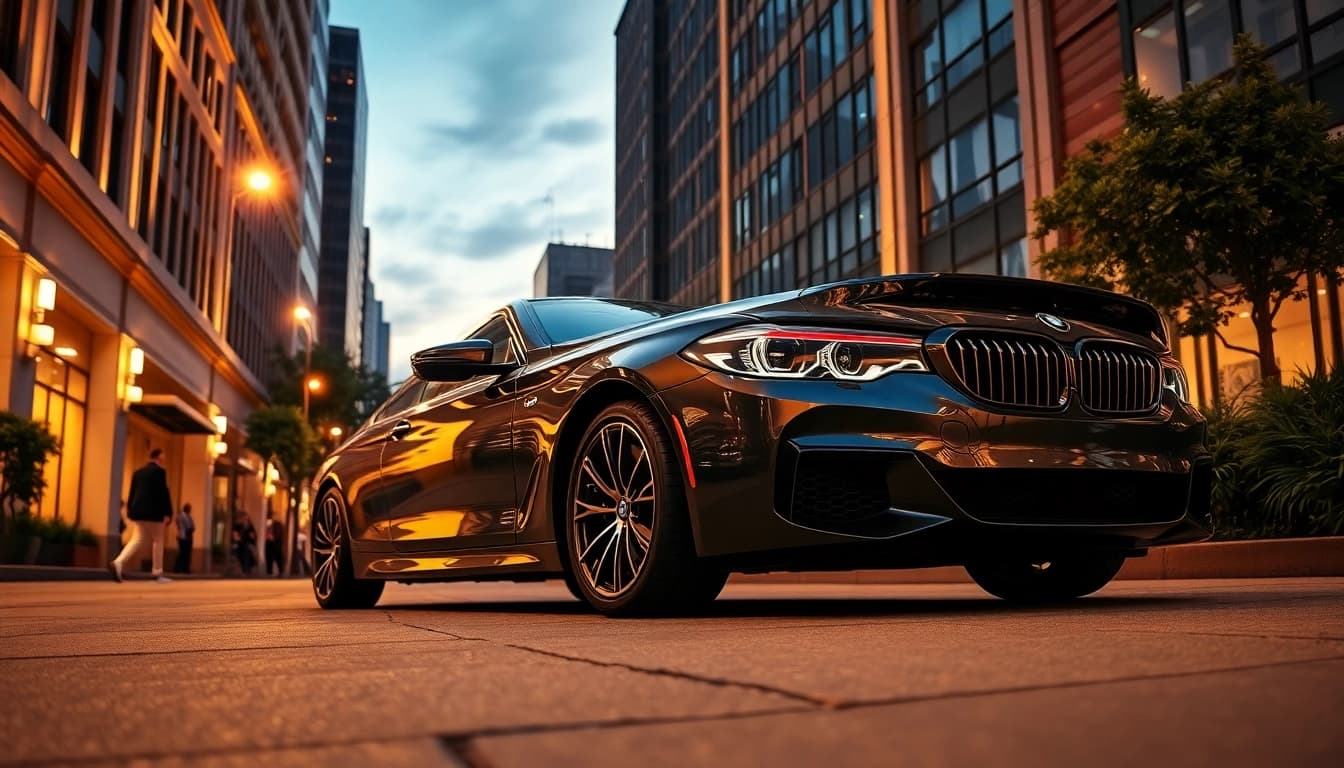 Showcasing a luxury BMW car parked elegantly in a modern cityscape.