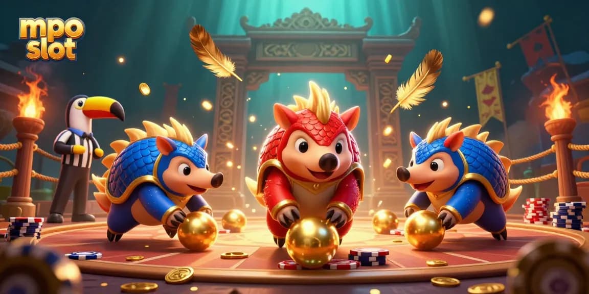 Experience mpo slot excitement with rival pangolins and poker chips in a vibrant gaming arena.