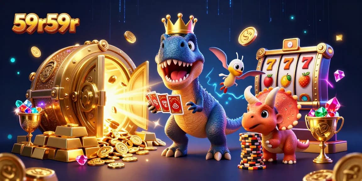 59r59r apresenta dinossauros em um cassino vibrante, jogando cartas e empilhando fichas douradas.