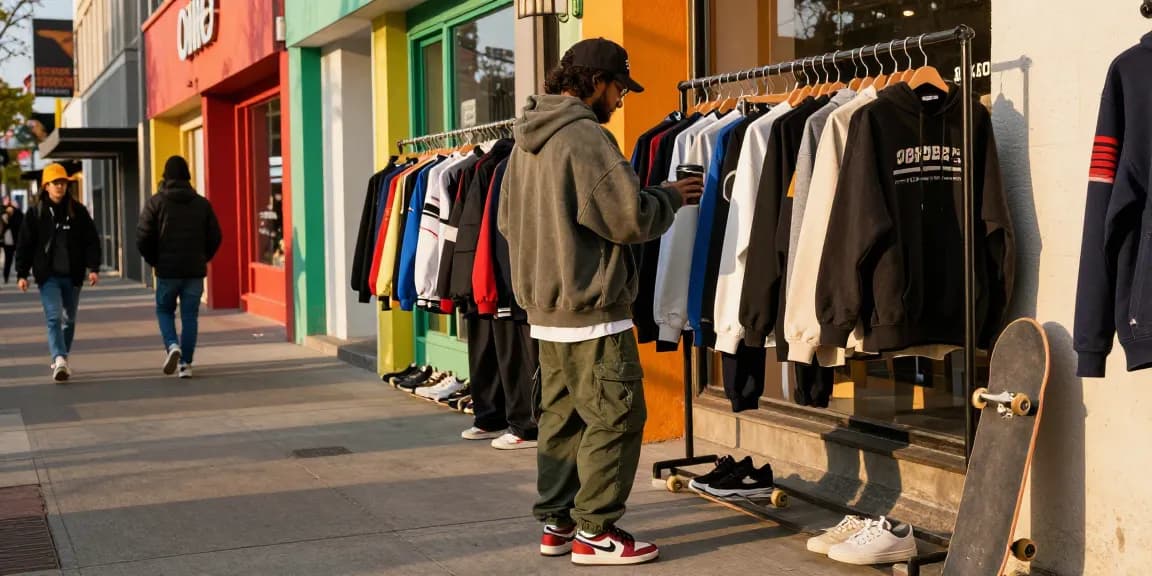 Individual exploring Oopbuy spreadsheet fashion trends in vibrant urban shopping scene.