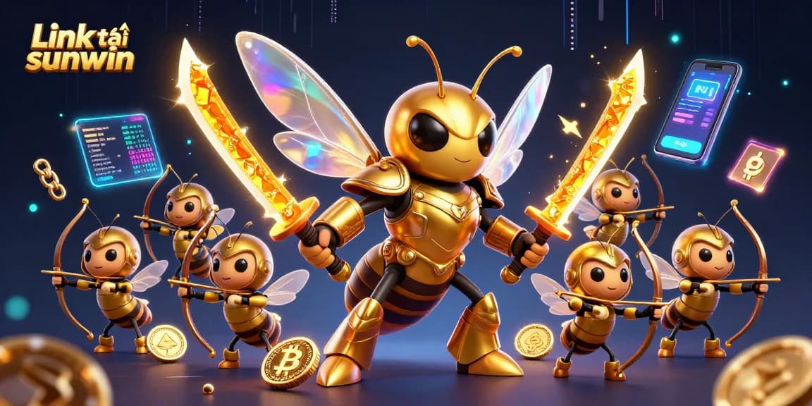 Engage in the excitement of Link tải sunwin with a vibrant 3D illustration featuring mythical characters and crypto elements.