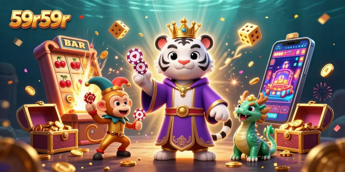 Experience the thrill of wins at 59r59r with a vibrant casino-themed 3D illustration and lively characters.
