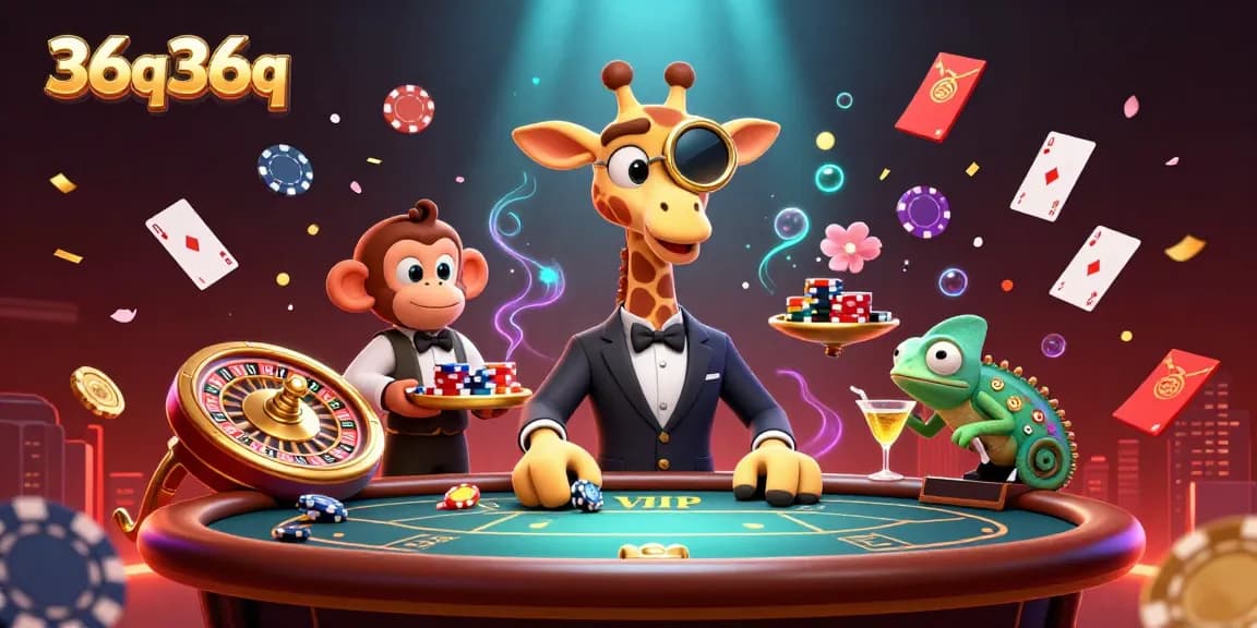 Experience the thrill of 36q36q poker with animated characters, floating poker chips, and vibrant casino elements.