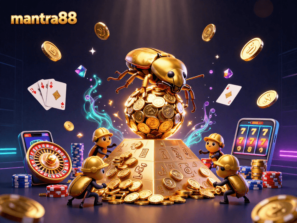 Experience excitement at mantra88 with a golden beetle rolling coins and dynamic casino elements.