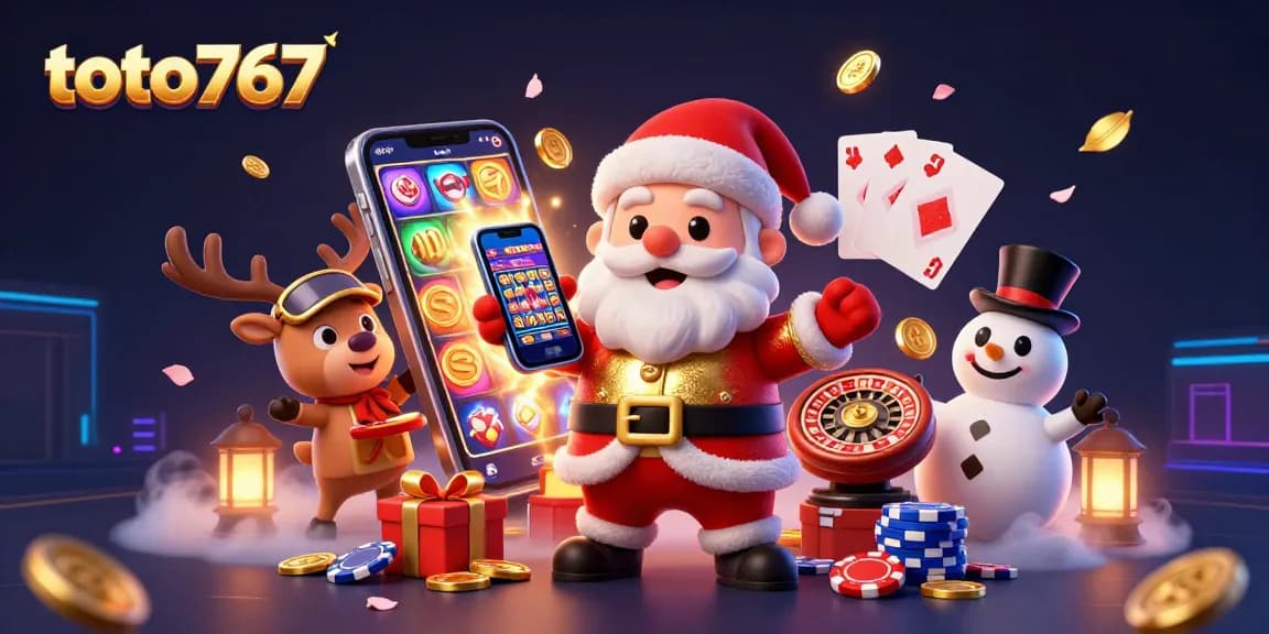 Mengunduh aplikasi TOTO767 sambil menang dalam suasana kasino yang meriah dengan Santa, rusa, dan salju.