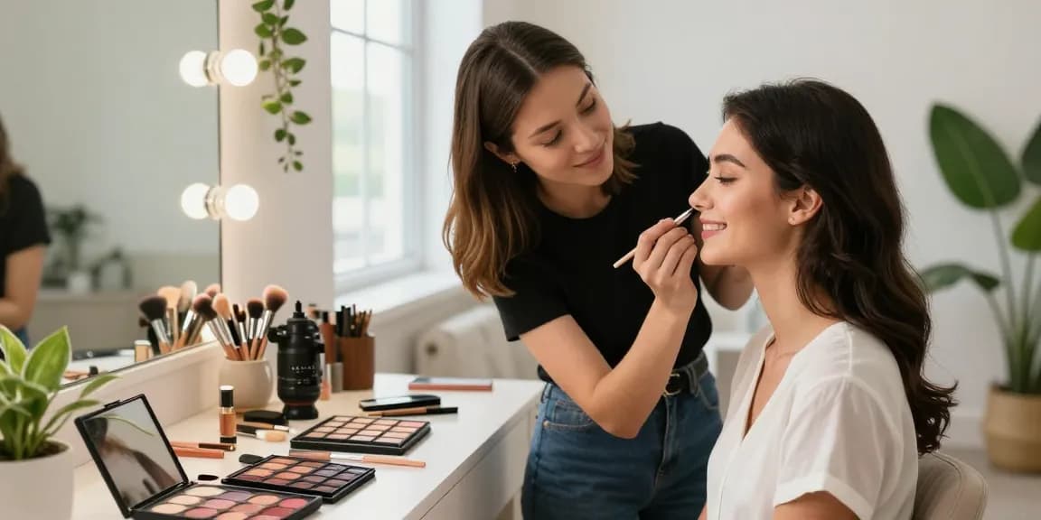 Trucco personalizzato applicato da un truccatore su una cliente felice in uno studio luminoso.