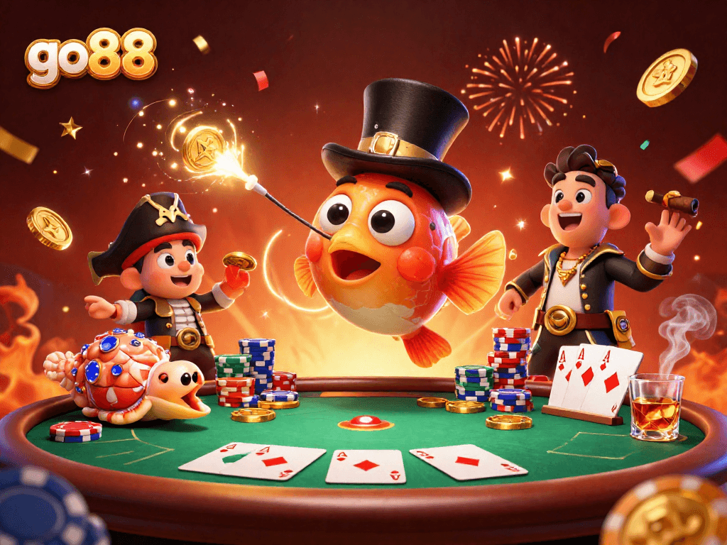 Engage with go88's thrilling casino action, featuring vibrant characters in a lively gaming scene.