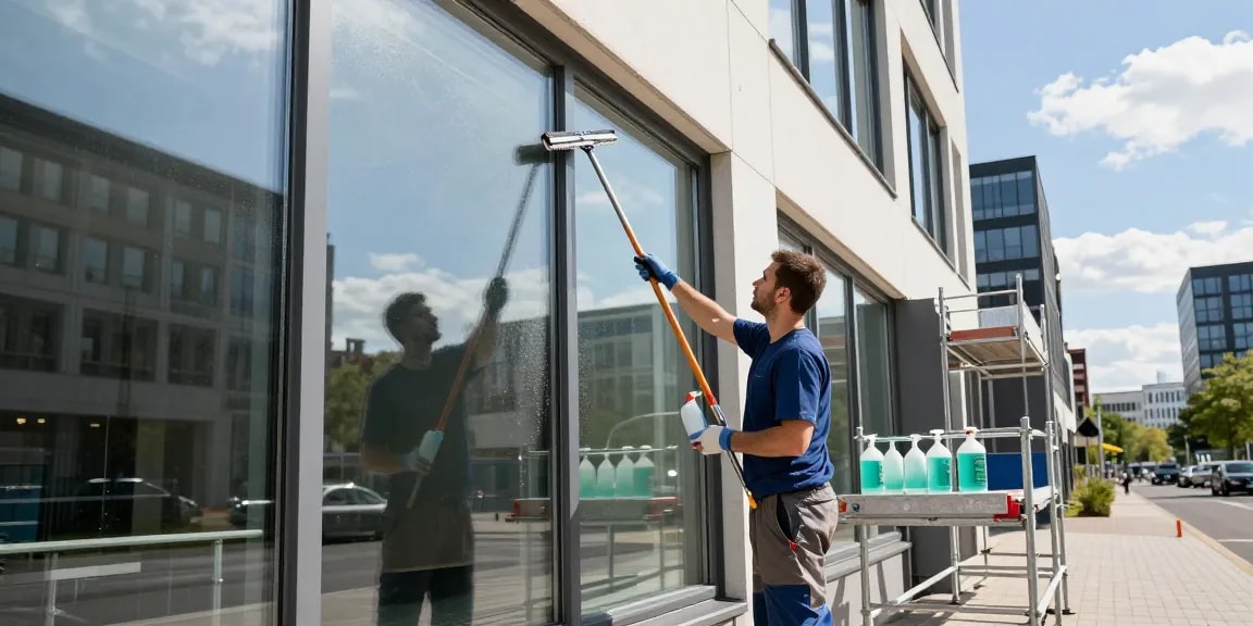 Professionelle Glasreinigung Firma in Dortmund reinigt Fenster und Rahmen in einem modernen Bürogebäude.