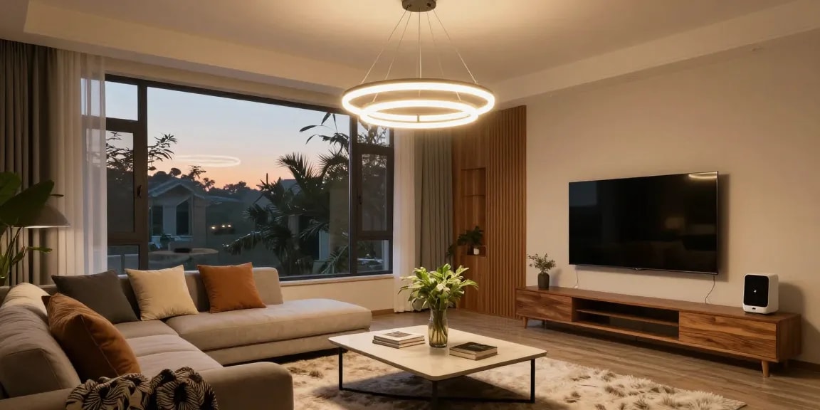 Lustra living suspendată în living modern, iluminând zona de relaxare cu un design elegant și confort.