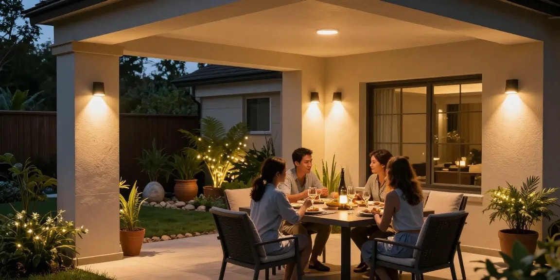 Aplica LED exterior moderne iluminând o terasă la apus, creând o atmosferă caldă și primitoare.