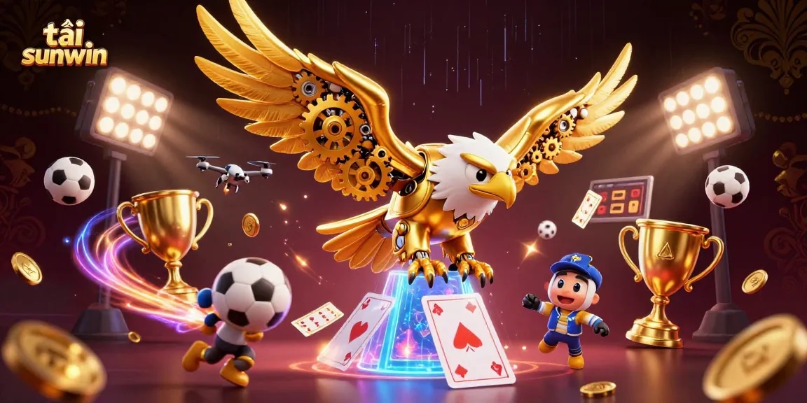 Experience the thrill of tải sunwin with a dynamic 3D rendering of cybernetic eagle and sports elements.