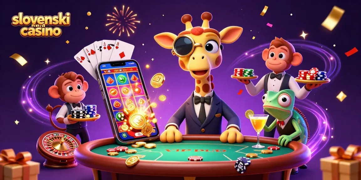 Slovenski online casino prikazuje 3D žirafe visoke igralce za pokerjem, obkroženo z igralnimi elementi.