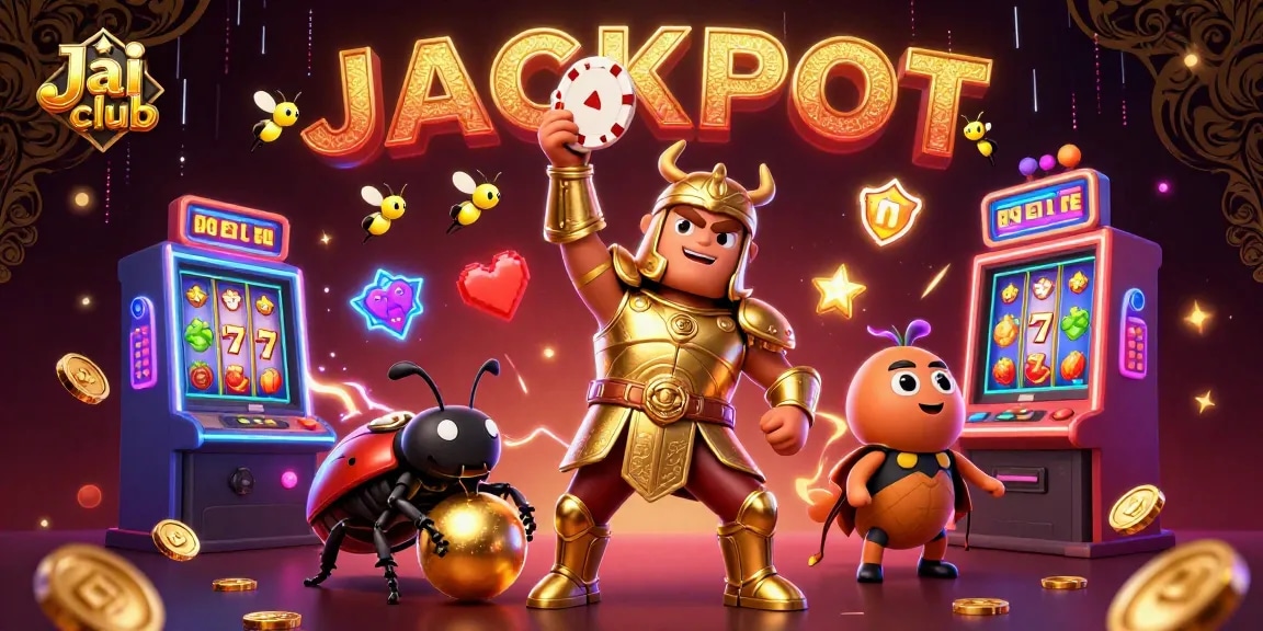 Join the excitement at Jai club with a triumphant beetle lifting a poker chip, surrounded by slot machines.