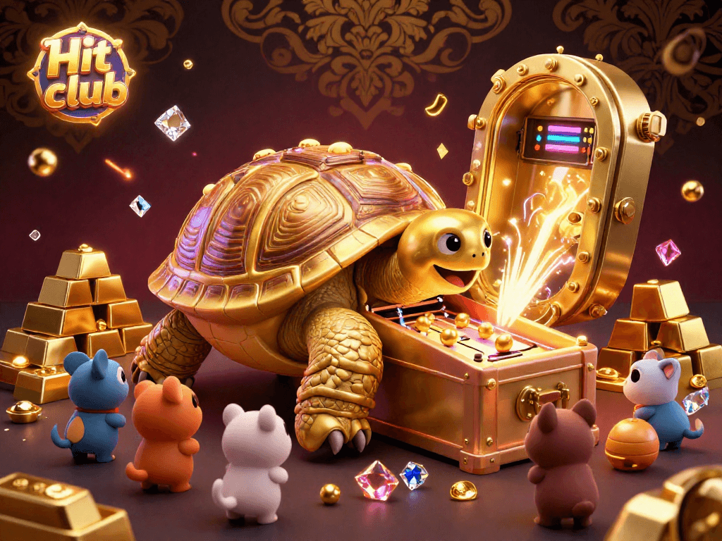 Engage in thrilling gameplay at Hit club with charming golden tortoise pinball surrounded by treasure.