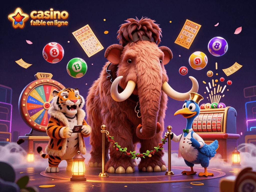 Illustration dynamique d'un casino fiable en ligne avec un mammouth bouncer contrôlant les identités à l'entrée, entouré de boules de loterie colorées.