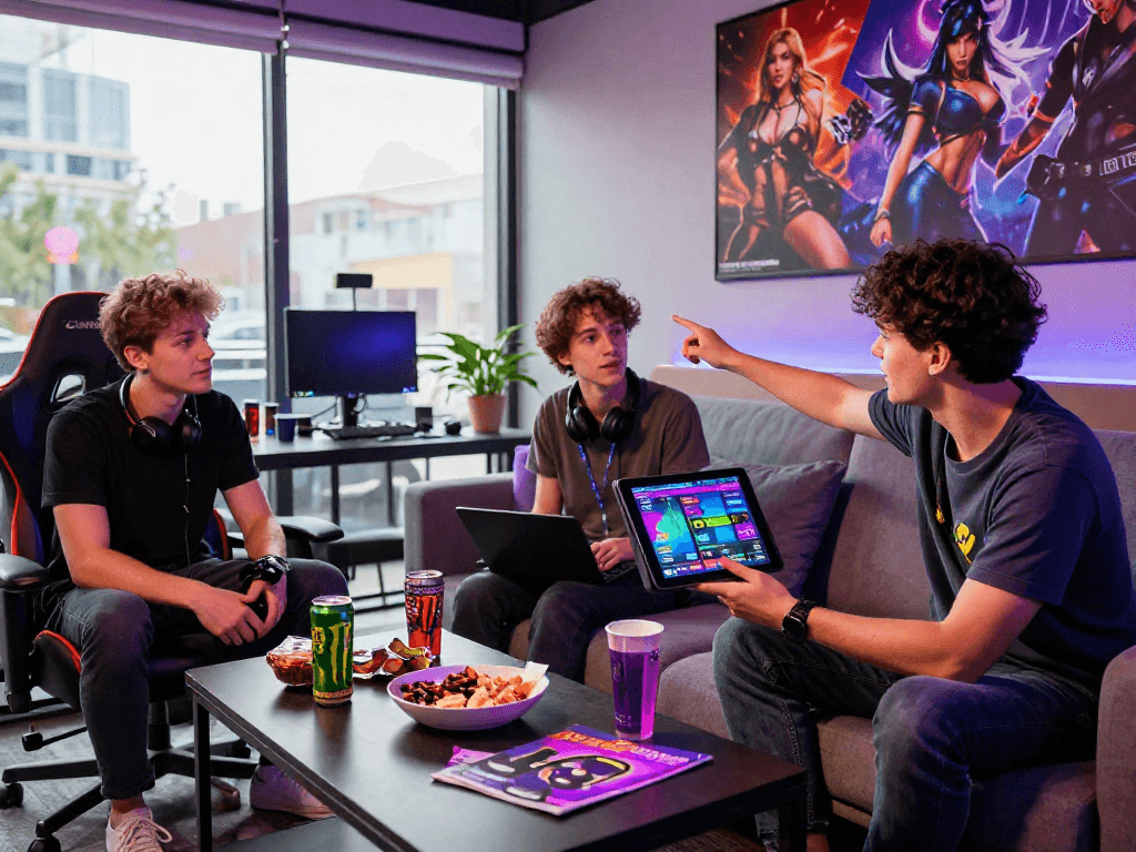 Young adults discussing vibrant sex games in a cozy gaming lounge.