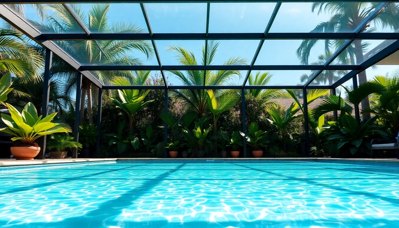 Elegant pool enclosure surrounded by lush gardens and clear water for outdoor relaxation.