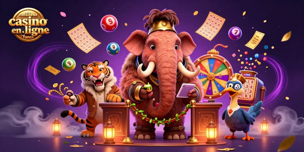Illustration représentant le meilleur casino en ligne France avec un mammouth et des éléments de jeu, ambiance festive.