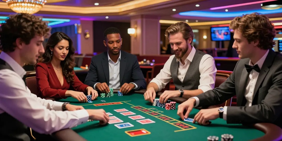 Players enjoying blackjack at a vibrant casino with credit card deposit options in a luxurious setting.