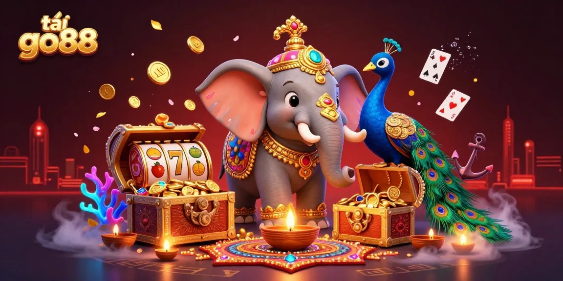 Playing exciting games at tải go88 with vibrant 3D elephant, peacock, and casino elements.