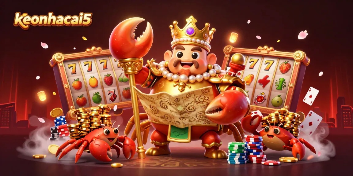 Engage with keonhacai5 as the golden crab emperor rules the vibrant casino realm of slots and poker.