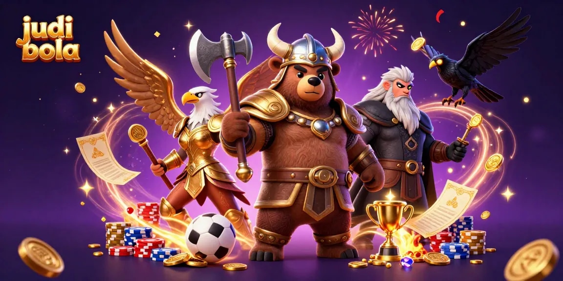 Judi bola dengan visual menarik dan energi permainan, dikelilingi elemen kasino menarik.