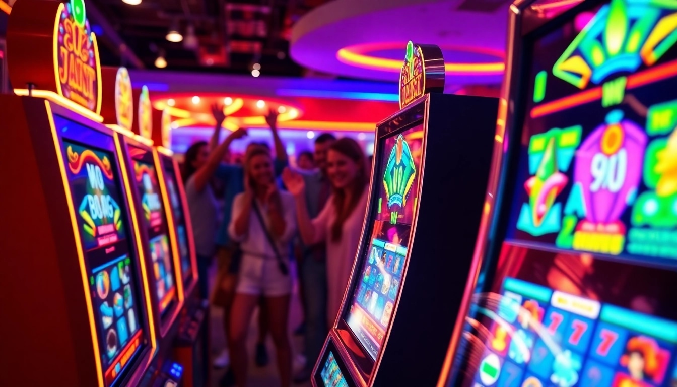 Captivating slot gambling scene showcasing colorful machines and players enjoying the experience.