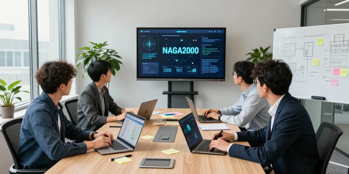 Team collaborating on NAGA2000 dashboard in a modern office