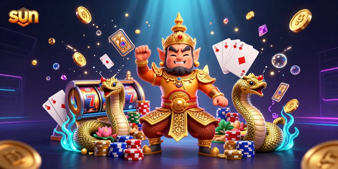 Spin slot reels and win big with sun-themed symbols in a dynamic casino scene