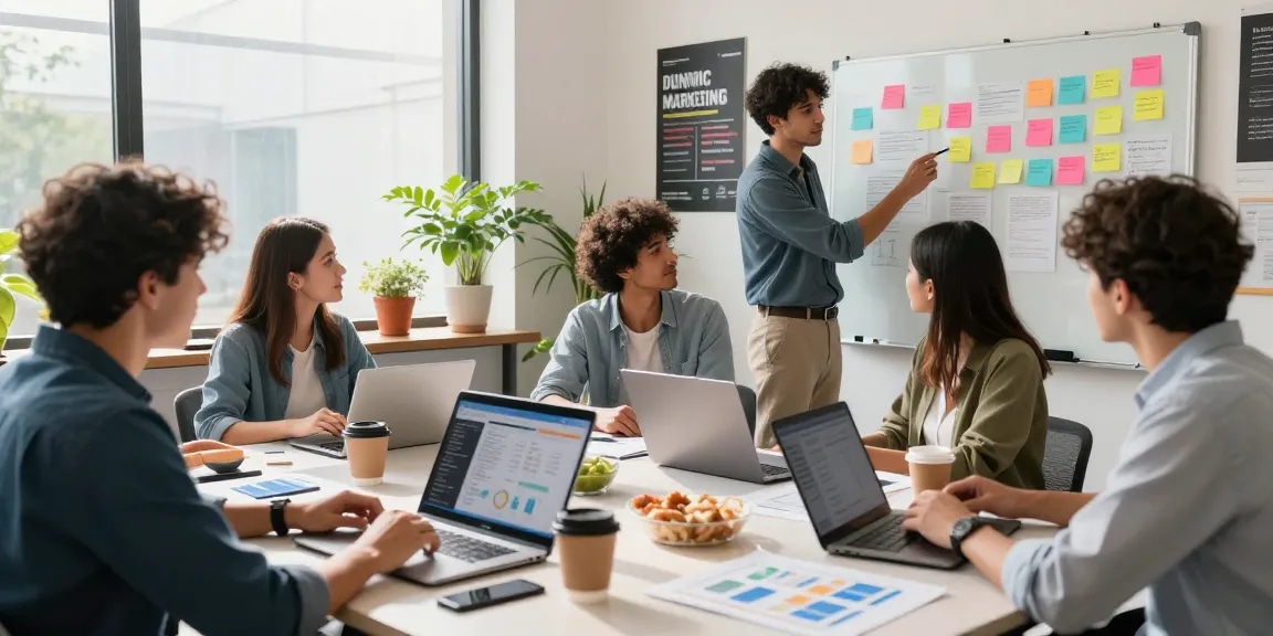 Digital marketers collaborating on jacktoto strategies in a bright co-working space.