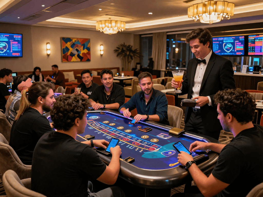 Exciting crypto casino scene with players at a digital blackjack table, capturing the essence of modern gaming.