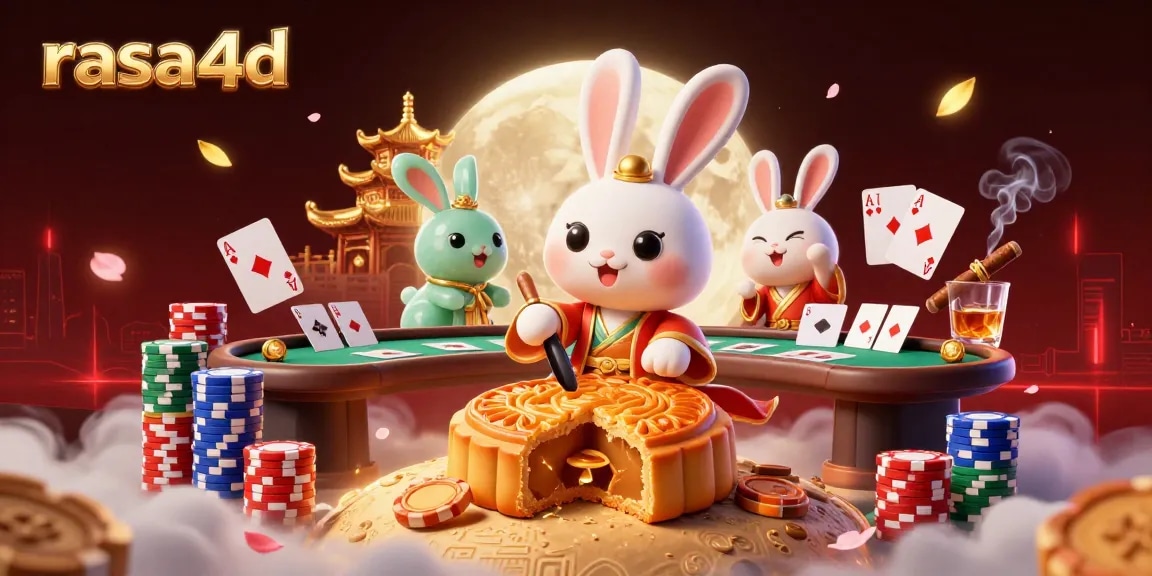 Visualisasi rasanya bermain di rasa4d dengan karakter kelinci bulan di tengah koin poker.