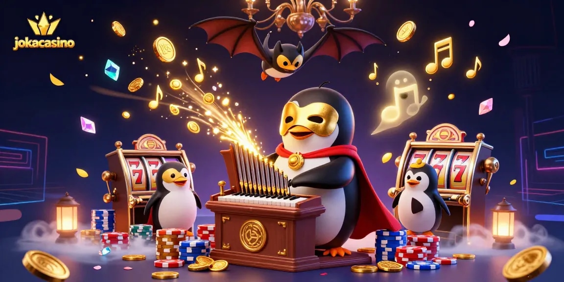 Experience the thrill at jokacasino with golden coins cascading from a whimsical penguin playing the organ.
