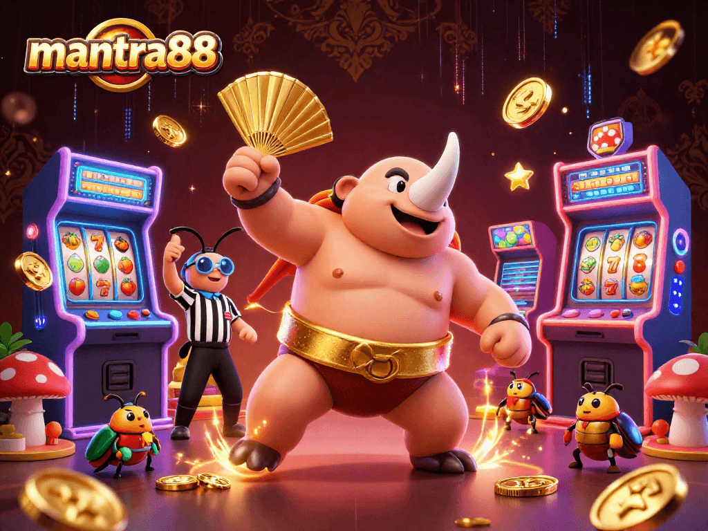 Experience winning thrills at mantra88 with a colorful 3D casino scene featuring a beetle champion and arcade elements.
