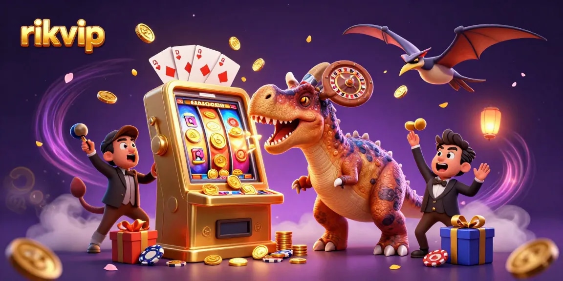 rikvip captures a thrilling jackpot moment with a dinosaur, slot machine, and floating coins.