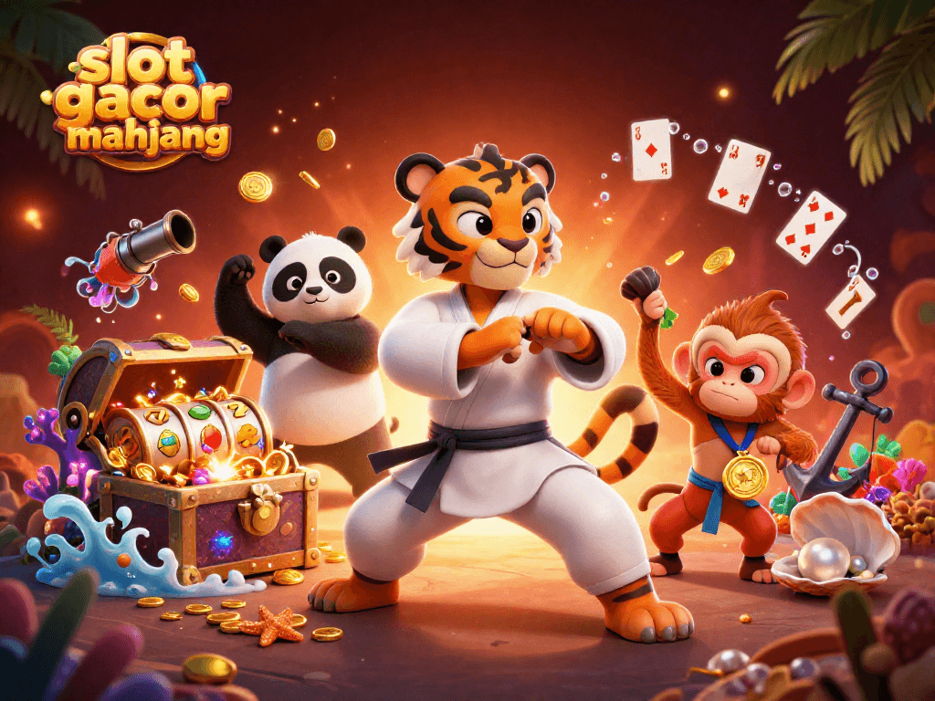 Engage with slot gacor mahjong through an exciting 3D scene featuring kung fu characters and casino vibes.