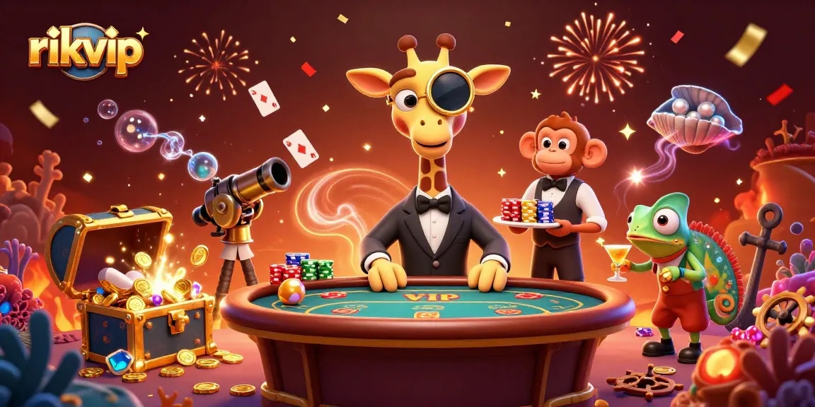 Experience high-stakes poker with rikvip featuring a high-roller giraffe, monkey valet, and chameleon bartender.
