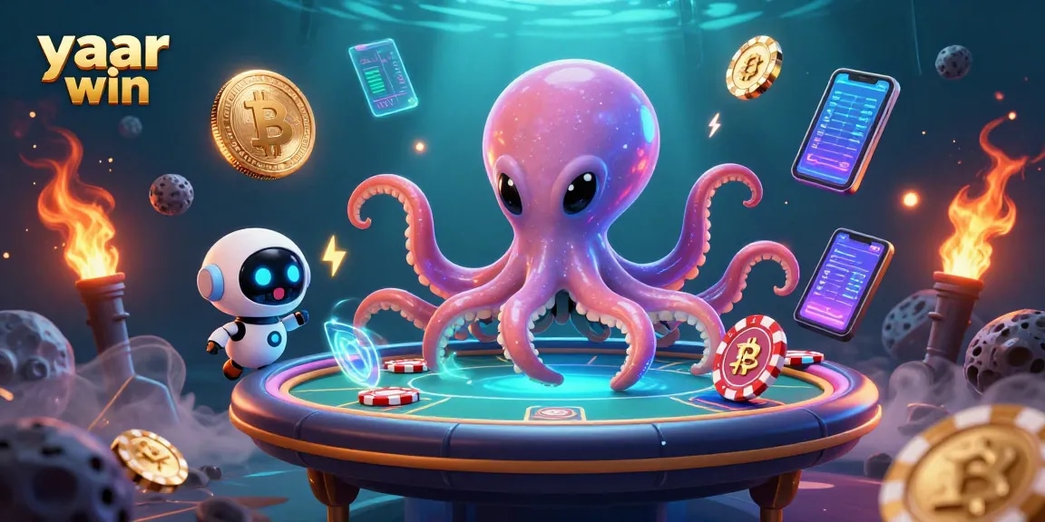 Engage in thrilling games at yaar win with a vibrant 3D casino illustration featuring a galactic octopus and crypto elements.